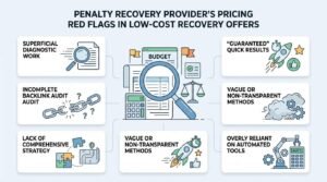 Infographic titled 'Penalty Recovery Provider's Pricing Red Flags in Low-Cost Recovery Offers' illustrating superficial diagnostic work, incomplete backlink audits, lack of comprehensive strategy, guaranteed quick results, and overly reliant on automated tools surrounding a central budget and magnifying glass.