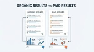 B2B comparative infographic titled 'ORGANIC RESULTS vs PAID RESULTS' contrasting search engine listing cards, click-through performance metrics (45% vs 8%), and user acquisition mechanics between organic search listings and sponsored pay-per-click ad placements