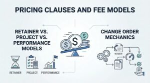 Infographic on pricing clauses and fee models, comparing retainer, project, and performance models alongside change order mechanics