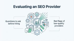 B2B procurement infographic titled 'Evaluating an SEO Provider' contrasting questions to ask before hiring with red flags of low-quality providers around a central audit mechanism