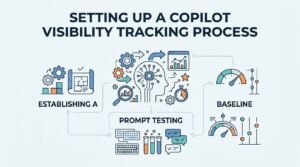 Infographic on setting up a Copilot visibility tracking process, detailing establishing a baseline, prompt testing, and monitoring metrics.