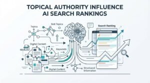 Infographic on topical authority influence AI search rankings, detailing topics, solt topics, digital content, keywords, structured information, and search ranking.