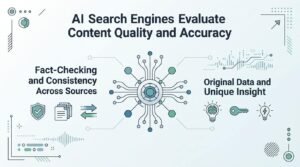 Infographic on AI search engines evaluate content quality and accuracy, detailing fact-checking and consistency across sources, and original data and unique insight.