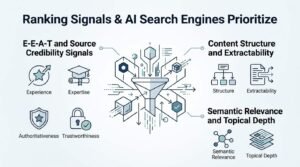Infographic on ranking signals and AI search engines prioritize, detailing E-E-A-T and source credibility signals, content structure and extractability, and semantic relevance and topical depth.