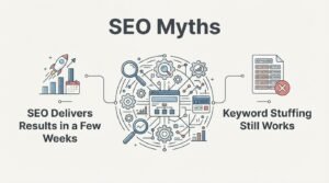 B2B educational infographic titled 'SEO Myths' debunking fast turnaround times and keyword stuffing around a central technical web mechanics cluster