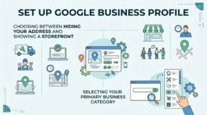 Infographic titled 'Set Up Google Business Profile' illustrating how to choose between hiding your address and showing a storefront on the left, and selecting your primary business category at the bottom around a central dashboard and map pin.