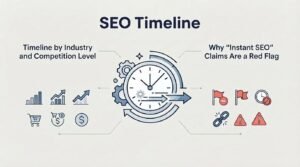 B2B educational infographic titled 'SEO Timeline' contrasting realistic industry delivery timelines against red flags of instant SEO claims around a central mechanical clock