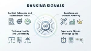 B2B technical educational infographic titled 'RANKING SIGNALS' detailing four search algorithm evaluation pillars-Content Relevance and Search Intent Match, Backlinks and Domain Authority, Technical Health and Crawlability, and Experience Signals and Page Speed-organized around a central multi-ring radar target display with an arrow strike indicator