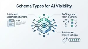 Infographic on schema types for AI visibility, detailing article and blogposting schema with by line, FAQpage and howto schema, and product and review schema.