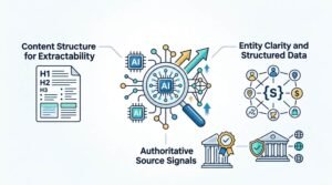 Infographic on AI search optimization strategy, detailing content structure for extractability, entity clarity and structured data, and authoritative source signals.