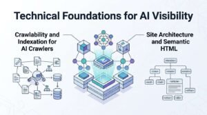 Infographic on technical foundations for AI visibility, detailing crawlablity and indexation for AI crawlers, and site architecture and semantic HTML.