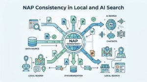 Infographic titled 'NAP Consistency in Local and AI Search' illustrating how business name, address, and phone number synchronization connects data sources across local search directories, maps, chatbots, and AI search engines.