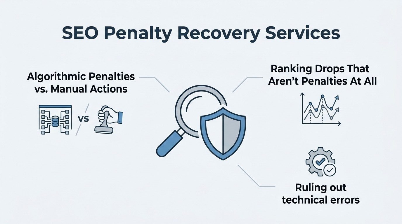 Infographic titled 'SEO Penalty Recovery Services' illustrating algorithmic penalties versus manual actions on the left, ranking drops that aren't penalties at all on the top right, and ruling out technical errors on the bottom right, surrounding a central magnifying glass and shield icon.