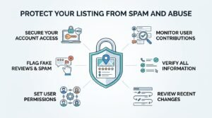 Infographic titled 'Protect Your Listing From Spam and Abuse' illustrating six core security best practices: secure your account access, monitor user contributions, verify all information, review recent changes, set user permissions, and flag fake reviews and spam around a central shield icon.