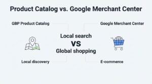 Infographic comparing product catalog versus Google Merchant Center, detailing local search versus global shopping, GBP product catalog for local discovery, and Google Merchant Center for ecommerce.