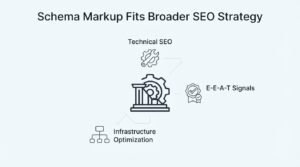 Infographic on schema markup fits broader SEO strategy, detailing technical SEO, E-E-A-T signals, and infrastructure optimization.