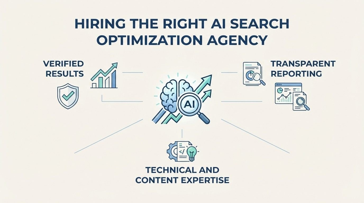 Infographic on hiring the right AI search optimization agency, detailing verified results, transparent reporting, and technical and content expertise