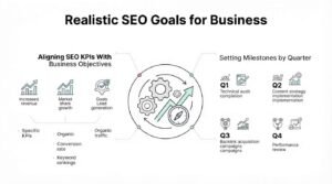 Infographic on realistic SEO goals for business, detailing aligning SEO KPIs with business objectives such as increased revenue, market share growth, lead generation, organic conversion rates, and keyword rankings, as well as setting milestones by quarter including Q1 technical audit completion, Q2 content strategy implementation, Q3 backlink acquisition campaigns, and Q4 performance review.