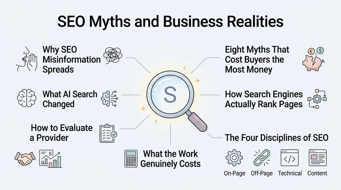 Infographic on SEO myths and business realities, detailing why SEO misinformation spreads, eight costly myths, how search engines rank pages, the four disciplines of SEO, work costs, and provider evaluation