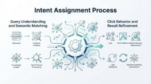 B2B technical educational infographic titled 'Intent Assignment Process' detailing two algorithmic phases-Query Understanding and Semantic Matching on the left, and Click Behavior and Result Refinement on the right-converging through a central navigational compass and gear mechanism