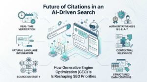 Infographic on future of citations in an AI-driven search and how generative engine optimization (GEO) is reshaping SEO priorities, detailing real-time verification, natural language integration, source diversity, authoritativeness and E-E-A-T, contextual relevance, and structured data citations.