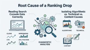 Infographic titled 'Root Cause of a Ranking Drop' illustrating how to read Search Console data correctly on the left—covering clicks, impressions, CTR, and average position—and isolating algorithmic, technical, and content causes on the right, surrounding a central diagnostic analysis graphic with gears and a magnifying glass.