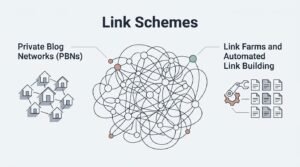 Infographic illustrating link schemes, highlighting private blog networks (PBNs), link farms, and automated link building