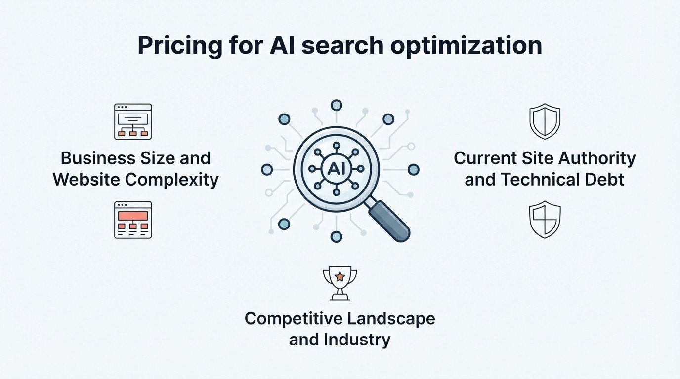 Infographic on pricing for AI search optimization, detailing business size and website complexity, current site authority and technical debt, and competitive landscape and industry