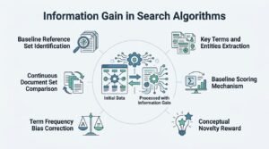 B2B technical educational infographic titled 'Information Gain in Search Algorithms' detailing baseline reference set identification, key terms and entities extraction, baseline scoring mechanism, conceptual novelty reward, term frequency bias correction, and continuous document set comparison around a central data processing core