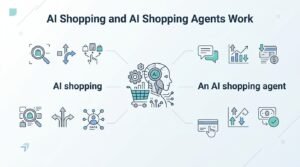 Infographic on how AI shopping and AI shopping agents work, detailing AI shopping mechanisms on the left and an AI shopping agent workflow on the right.