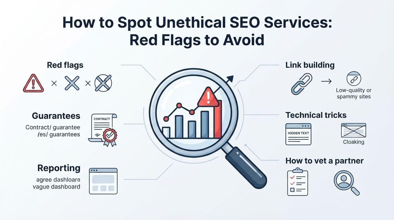 B2B procurement and vendor risk infographic titled 'How to Spot Unethical SEO Services: Red Flags to Avoid' detailing warning signals across rankings, guarantees, reporting, link building, and technical tricks around a central magnifying glass inspecting an artificial traffic spike with a hazard warning icon