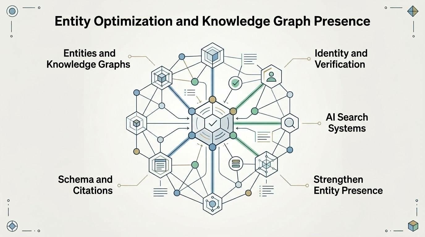 Infographic on entity optimization and knowledge graph presence, detailing entities and knowledge graphs, identity and verification, schema and citations, strengthen entity presence, and AI search systems.