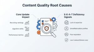 Infographic titled 'Content Quality Root Causes' illustrating core update impact on the left—covering recurring rankings, algorithm shifts, and performance metrics—and E-E-A-T deficiency signals on the right—covering lack of expertise, unverified author profiles, poor reputation, and low trustworthiness cues—surrounding a central document and magnifying glass icon.