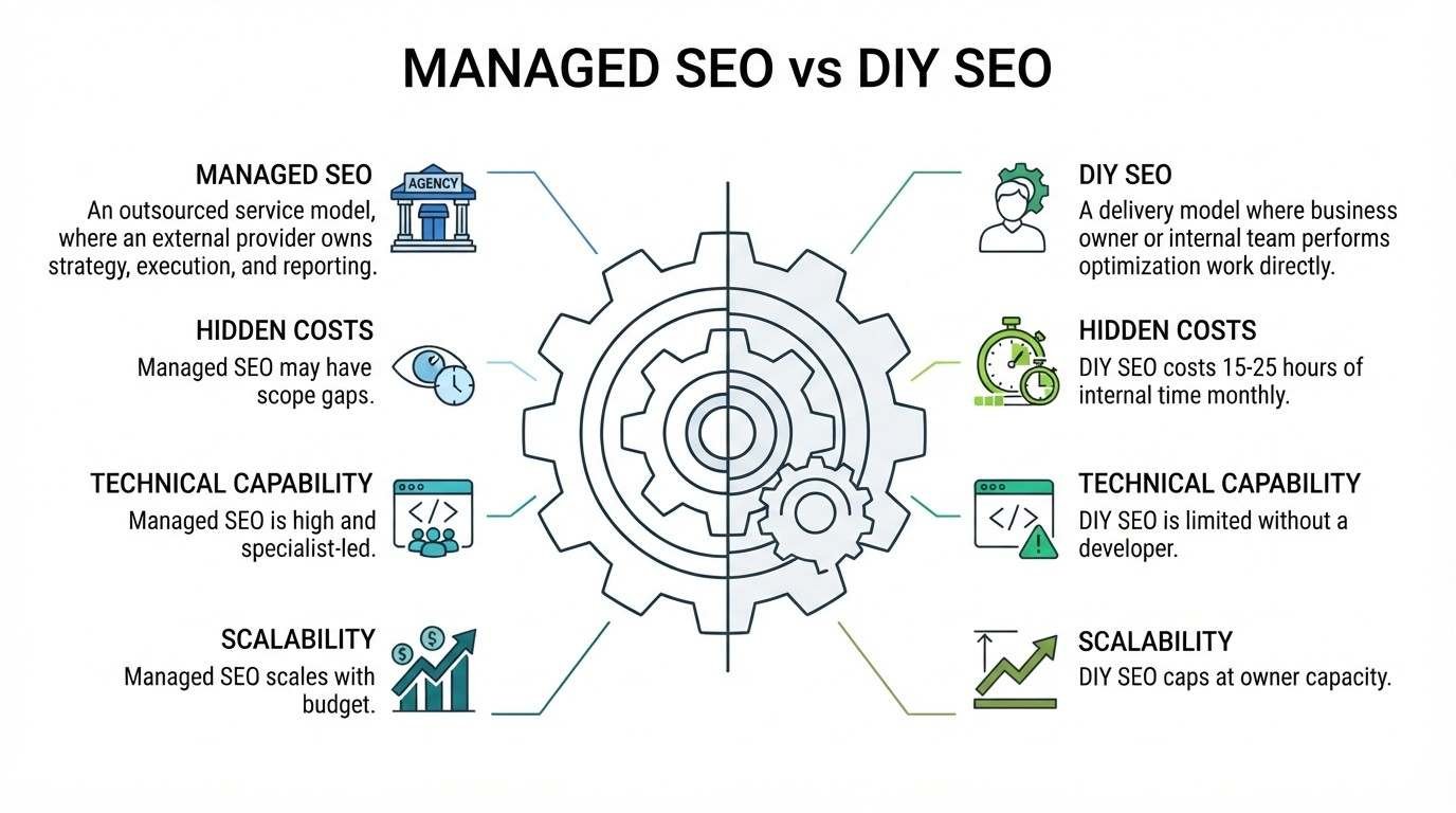 Infographic comparing Managed SEO versus DIY SEO centered on a split mechanical gear illustration, contrasting an agency-outsourced service model on the left with in-house execution on the right across delivery model, hidden costs, technical capability, and scalability