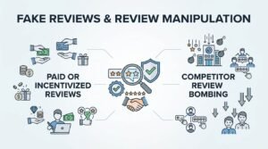 Infographic titled 'Fake Reviews & Review Manipulation' illustrating paid or incentivized reviews on the left and competitor review bombing on the right, centered around a magnifying glass, security shield, and handshake emblem.