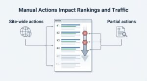 Infographic titled 'Manual Actions Impact Rankings and Traffic' illustrating site-wide actions on the left, affecting the entire domain, and partial actions on the right, targeting specific pages or sections, surrounding a central search ranking results window showing a downward traffic trend.