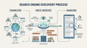 B2B educational technical infographic titled 'SEARCH ENGINE DISCOVERY PROCESS' illustrating the three fundamental stages of search—Crawlers, Once Indexed, and Ranking—from bot discovery across the web to SERP ranking on a mobile device