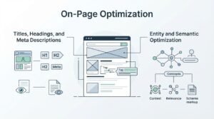 B2B technical educational infographic titled 'On-Page Optimization' detailing on-page metadata on the left—Titles, Headings, and Meta Descriptions—and semantic structuring on the right-Entity and Semantic Optimization-organized around a central wireframe webpage layout displaying hero containers, image blocks, and contextual metadata tags.