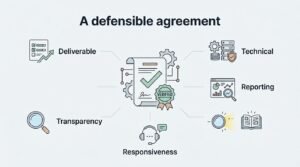 Infographic illustrating a defensible agreement in SEO partnerships, highlighting key elements like deliverables, technical standards, reporting, transparency, and responsiveness