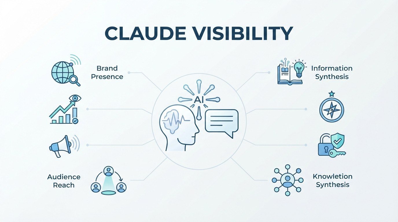 Infographic on Claude visibility, detailing brand presence, audience reach, information synthesis, and knowledge synthesis
