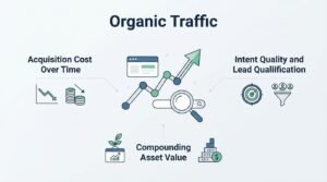 B2B marketing business infographic titled 'Organic Traffic' organizing three core economic pillars-Acquisition Cost Over Time, Intent Quality and Lead Qualification, and Compounding Asset Value-around a central ascending growth trend line, browser window, and search magnifying glass