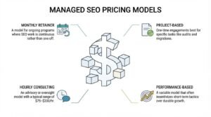Educational infographic titled 'Managed SEO Pricing Models' centered around an isometric dollar sign constructed with modular blocks, breaking down four agency fee structures: monthly retainers, project-based pricing, hourly consulting, and performance-based models