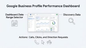 Infographic detailing the Google Business Profile Performance Dashboard, highlighting key metrics such as the dashboard date range selector, discovery data, and user actions including calls, clicks, and direction requests.