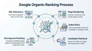 B2B technical educational infographic titled 'Google Organic Ranking Process' detailing a five-stage cyclical pipeline—URL Discovery, Page Rendering, Index Entry, Candidate Retrieval, and Scoring and Ordering—surrounding a central trust shield, ascending growth arrow, and audit magnifying glass