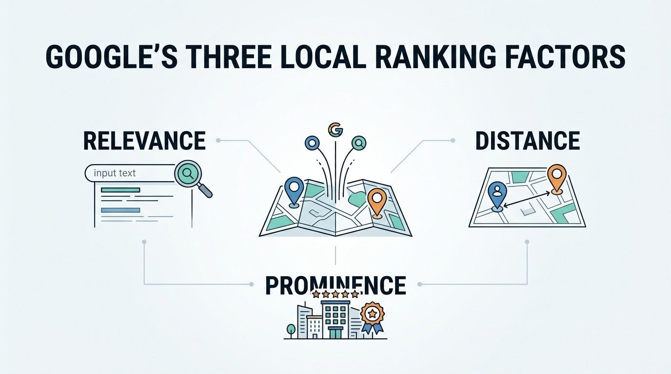 Infographic titled GOOGLE'S THREE LOCAL RANKING FACTORS displaying Relevance with an input search bar, Distance with map route tracking, and Prominence with commercial buildings and star reviews around a central map with Google location pins.