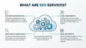Educational infographic explaining 'What Are SEO Services?' featuring a central cloud icon containing interlocking blue and teal gears, flanked by four surrounding descriptive sections covering service definition, core components, ongoing execution and monitoring, and ideal business recipients