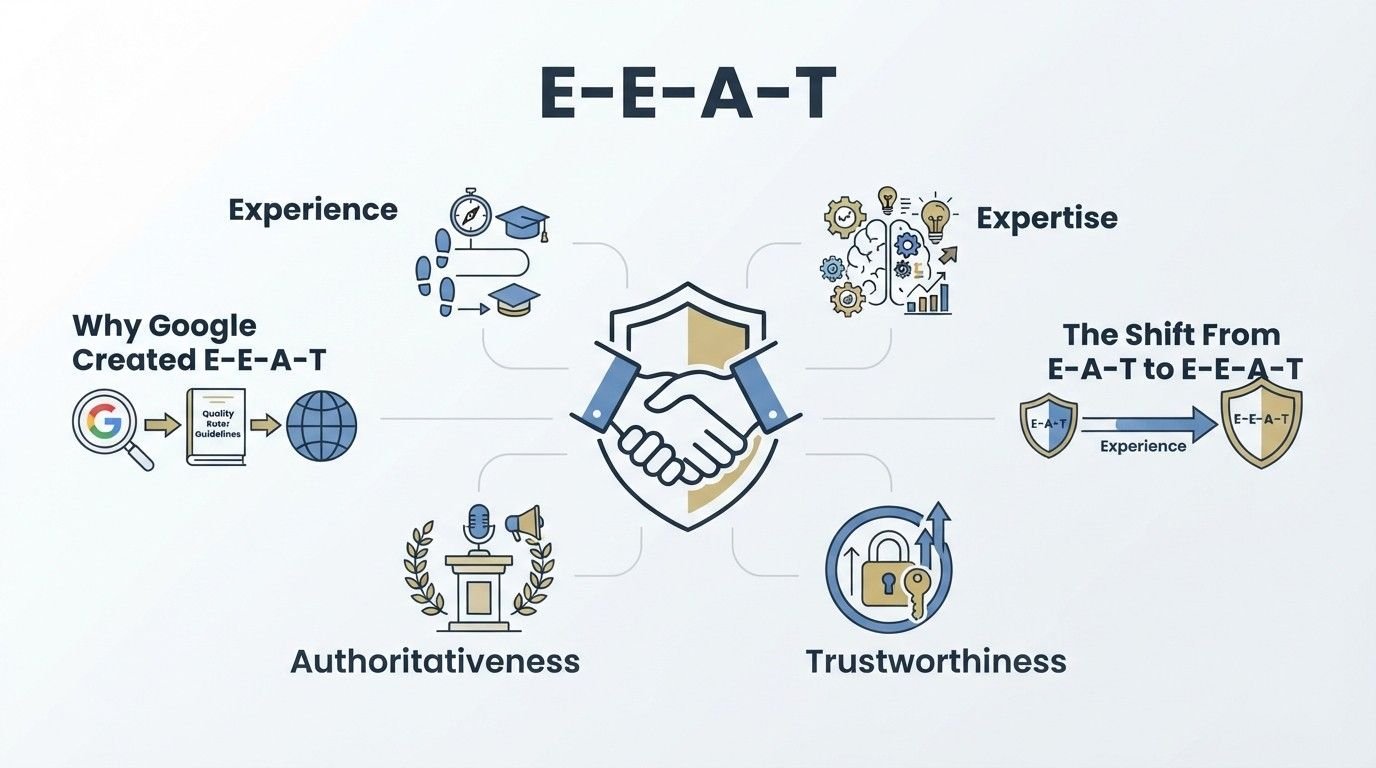 Corporate technical educational infographic titled 'E-E-A-T' detailing the four quality evaluation pillars-Experience, Expertise, Authoritativeness, and Trustworthiness-flanking background sections on 'Why Google Created E-E-A-T' and 'The Shift From E-A-T to E-E-A-T' around a central shield with a partnership handshake.