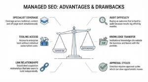 Educational infographic titled 'Managed SEO: Advantages & Drawbacks' featuring a mechanical balance scale weighing 'Expertise' on the left against 'Dependence' on the right, outlining key benefits including specialist coverage, enterprise tooling access, and established link relationships alongside drawbacks such as audit difficulty, lack of knowledge transfer, and slow approval cycles