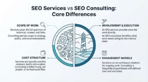 Infographic titled 'SEO Services vs SEO Consulting: Core Differences' with a split circular emblem depicting interlocking mechanical gears on the left and a guiding lighthouse on the right, contrasting the two models across scope of work, execution involvement, cost structure, and engagement formats