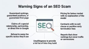 Infographic on warning signs of an SEO scam, detailing guaranteed rankings, claims of a special relationship with Google, refusal to name specific tactics, unwillingness to provide a full list of links, below-market pricing, contracts with no exit clauses, and vanity ranking reports